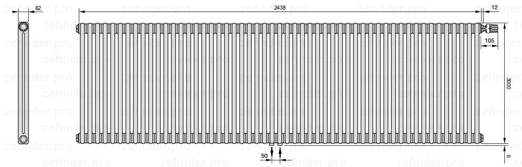 Схема (чертеж) Радиатор Zehnder Charleston 2300/53 №V008 Белый глянцевый RAL 9016